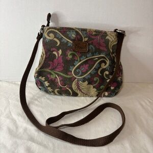 Vintage Fossil Tapestry/Canvas Paisley Floral Leather trim Boho Crossbody Bag